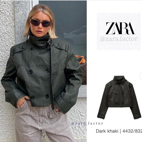 Zara Cropped Double-Breasted Utility Pea Coat Jacket, Dark Khaki, Small - Picture 9 of 13